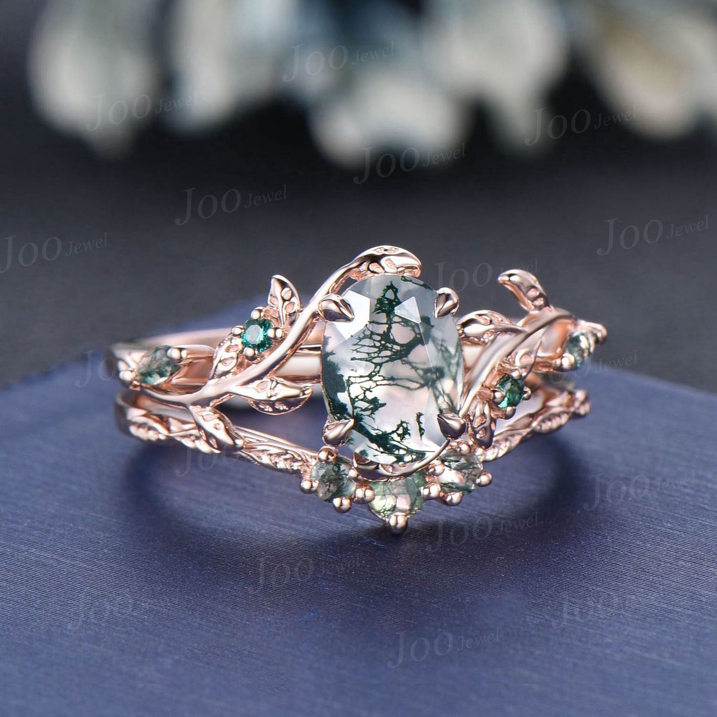 1.5ct Oval Cut Natural Green Moss Agate Emerald Bridal Ring Set Branch Twig Vine Nature Engagement Ring Unique Bridesmaid Anniversary Gifts