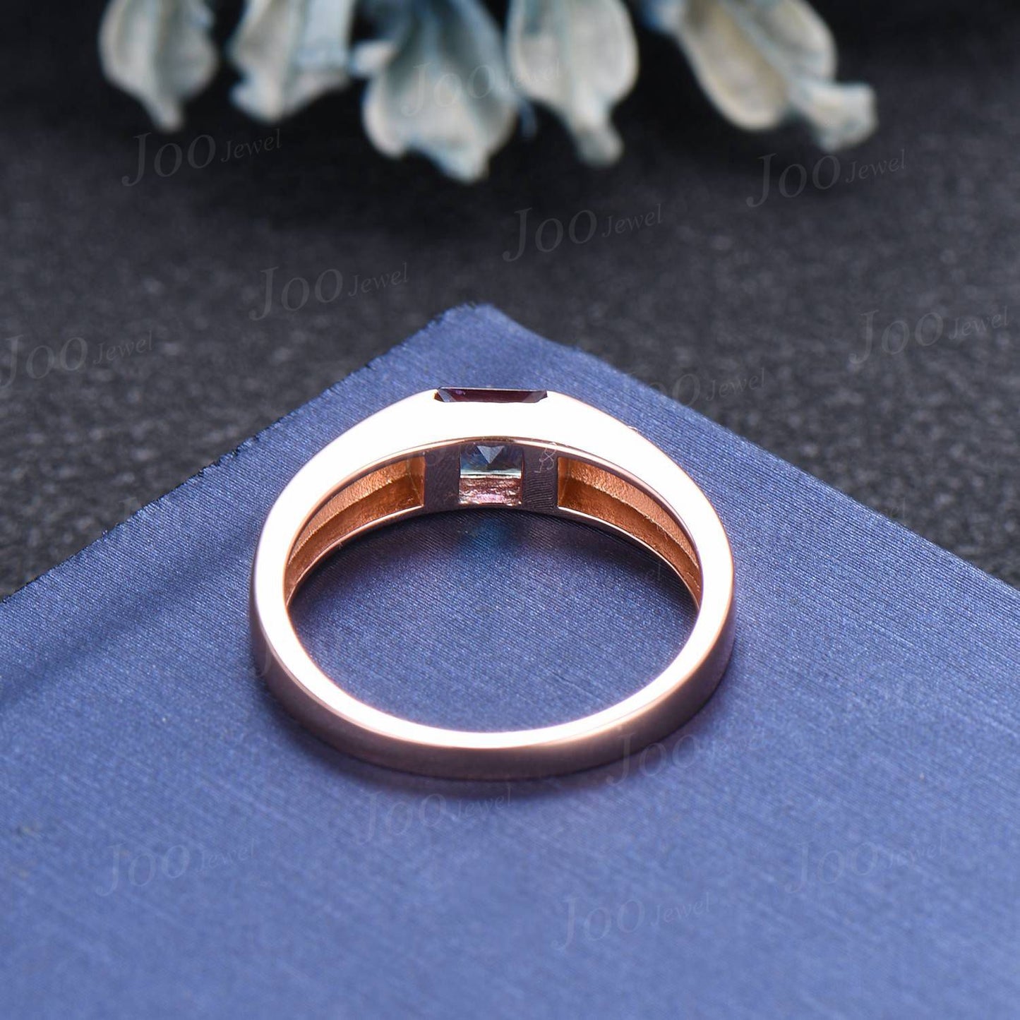 5mm Mens Princess Cut Color-Change Alexandrite Promise Band 14K Rose/Black Gold Gemstone Wedding Rings for Male Unique Anniversary Gifts