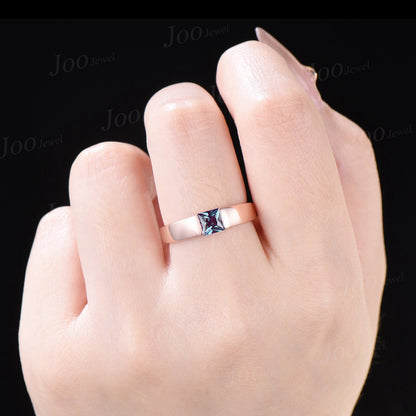 5mm Mens Princess Cut Color-Change Alexandrite Promise Band 14K Rose/Black Gold Gemstone Wedding Rings for Male Unique Anniversary Gifts