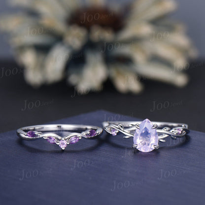 1.25ct Nature Inspired Pear Cut Natural Lavender Amethyst Bridal Ring Set Sterling Silver Light Purple Crystal Twig Vine Wedding Ring Gift