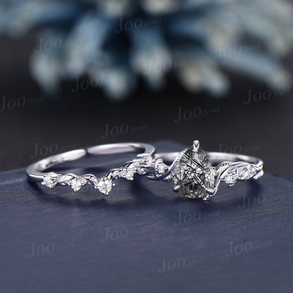 Natural Black Rutilated Quartz Engagement Ring Set Sterling Silver Leaf Nature Inspired Black Crystal Ring Women Twig Vine Pear Promise Ring