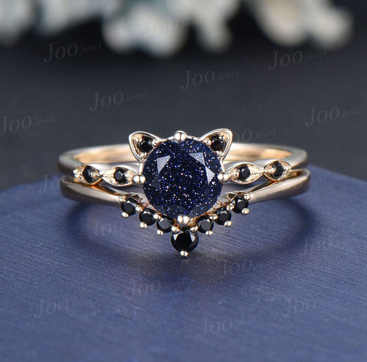 14K Real Gold Round Galaxy Blue Sandstone Cat Wedding Ring Vintage Kitten Cat Engagement Ring Black Spinel Ring Gifts for Cat Lover/Daughter