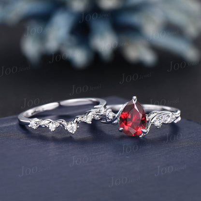 1.25ct Pear Ruby Engagement Ring Set Nature Inspired Jewelry 14K White Gold Twisted Twig Vine Red Bridal Set July Birthstone Christmas Gift