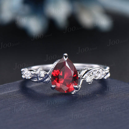 1.25ct Pear Ruby Engagement Ring Set Nature Inspired Jewelry 14K White Gold Twisted Twig Vine Red Bridal Set July Birthstone Christmas Gift