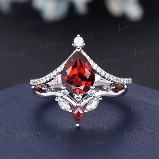 Pear Shaped Natural Red Garnet Ring Set Tiara Bridal Set Moissanite Kite Garnet Jewelry January Birthstone Wedding Ring Unique Proposal Gift