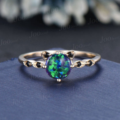 Black Opal Bridal Ring 14K Yellow Gold Cat Wedding Ring Vintage Kitten Cat Engagement Ring Black Spinel Ring Gifts for Cat Lover/Daughter