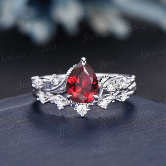1.25ct Pear Ruby Engagement Ring Set Nature Inspired Jewelry 14K White Gold Twisted Twig Vine Red Bridal Set July Birthstone Christmas Gift