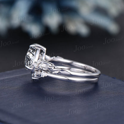 Natural Black Rutilated Quartz Engagement Ring Set Sterling Silver Leaf Nature Inspired Black Crystal Ring Women Twig Vine Pear Promise Ring