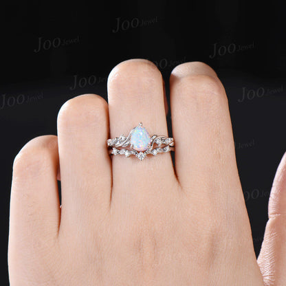 Twist Twig Vine Nature Inspired White Opal Diamond Engagement Ring 14K White Gold 1.25ct Pear Opal Wedding Ring Leaf Bridal Set Promise Gift