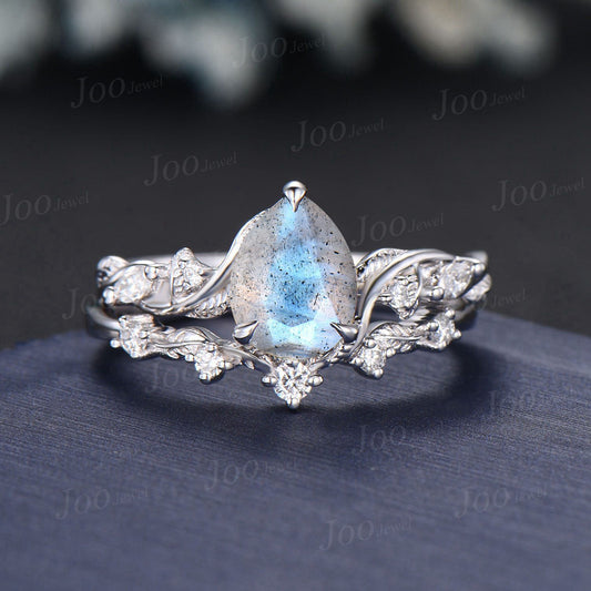 Natural Blue Labradorite Diamonds Engagement Ring Set Retro Pear Labradorite Ring Nature Inspired Crystal Bridal Ring Jewelry Gift For Women