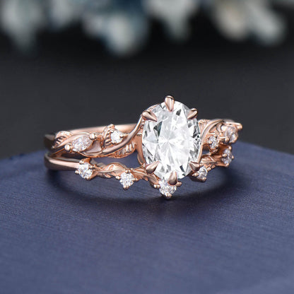 Nature Inspired Moissanite Diamond Engagement Ring Set 14K Rose Gold 1.5ct Oval Wedding Ring Leaf Twig Vine Branch Bypass Bridal Set Women