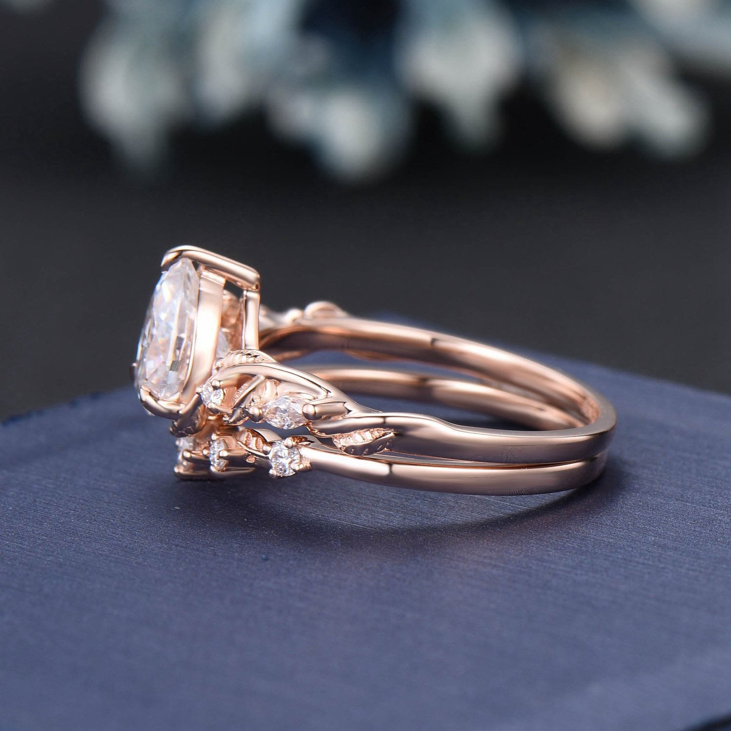 Nature Inspired Moissanite Diamond Engagement Ring Set 14K Rose Gold 1.5ct Oval Wedding Ring Leaf Twig Vine Branch Bypass Bridal Set Women