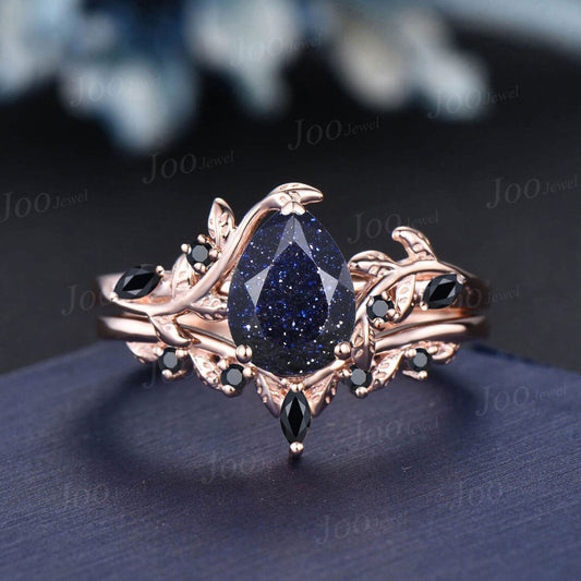 1.25ct Pear Cut Galaxy Starry Sky Blue Sandstone Engagement Ring Set 14K Rose Gold Leaf Branch Nature Inspired Black Wedding Ring for Women