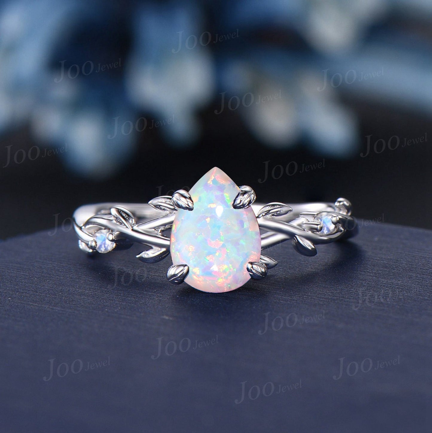 1.25ct Opal Engagement Ring Set Vintage 14K Rose Gold Nature Wedding Ring Twig Vine Pear White Fire Opal Ring Unique October Birthstone Gift