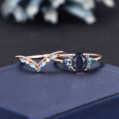 Oval Galaxy Blue Sandstone Alexandrite Engagement Ring Set 14K Rose Gold Moonstone Wedding Ring Unique Vintage Blue Gemstone Jewelry Gifts