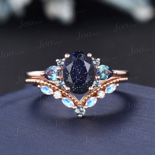 Oval Galaxy Blue Sandstone Alexandrite Engagement Ring Set 14K Rose Gold Moonstone Wedding Ring Unique Vintage Blue Gemstone Jewelry Gifts