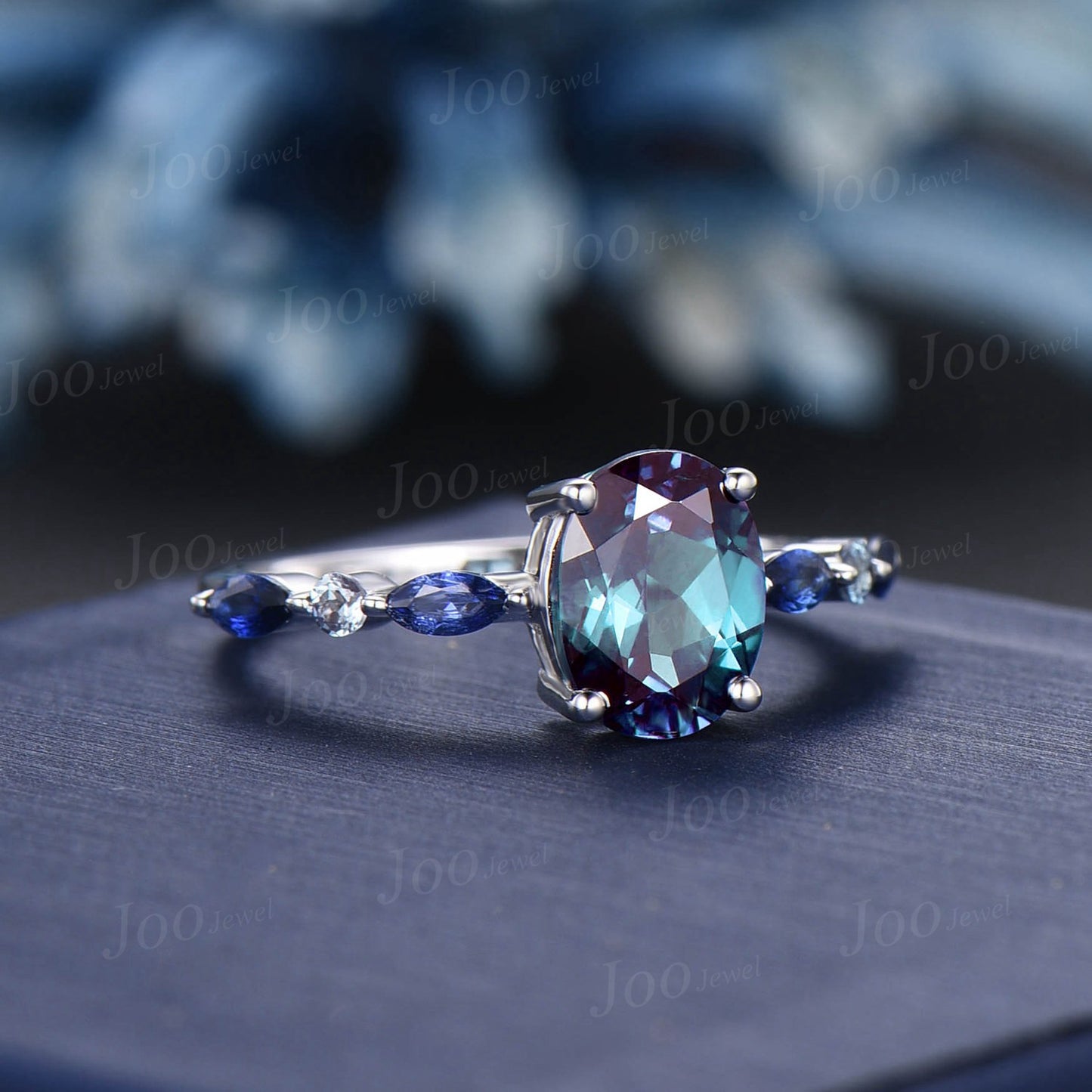 2ct Oval Cut Alexandrite Blue Sapphire Engagement Ring 10K White Gold Half Eternity Band Alexandrite Wedding Ring Unique Anniversary Gifts