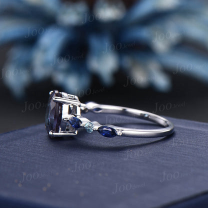 2ct Oval Cut Alexandrite Blue Sapphire Engagement Ring 10K White Gold Half Eternity Band Alexandrite Wedding Ring Unique Anniversary Gifts