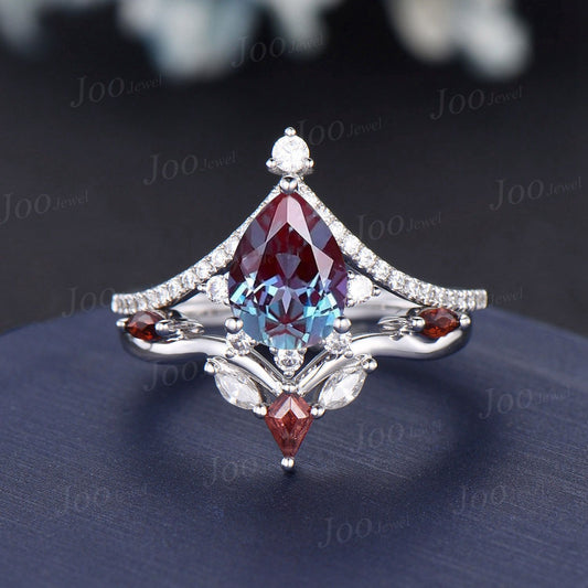 Pear Color-Change Alexandrite Garnet Crown Tiara Ring Set 14K White Gold Art Deco Moissanite Wedding Band June Birthstone Engagement Rings