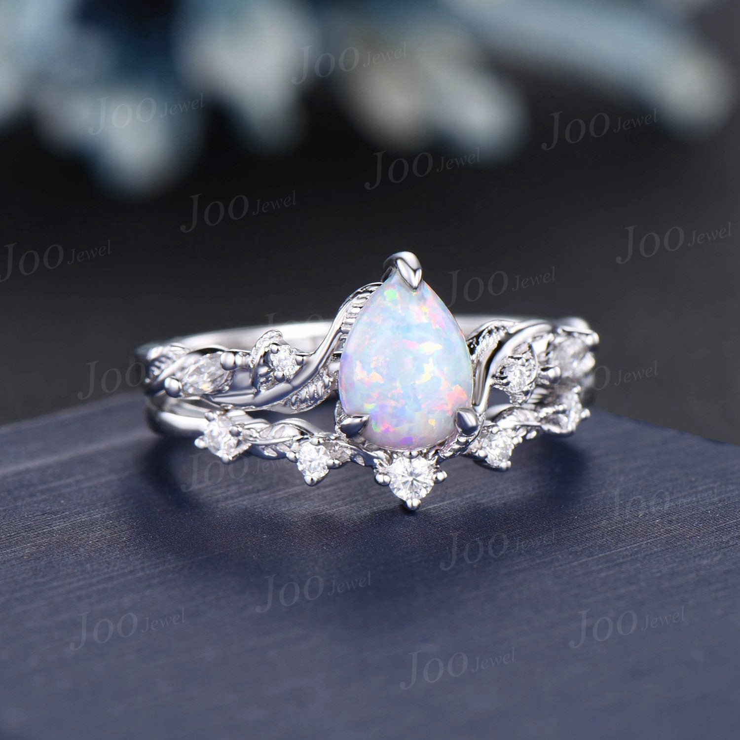 Twist Twig Vine Nature Inspired White Opal Diamond Engagement Ring 14K White Gold 1.25ct Pear Opal Wedding Ring Leaf Bridal Set Promise Gift