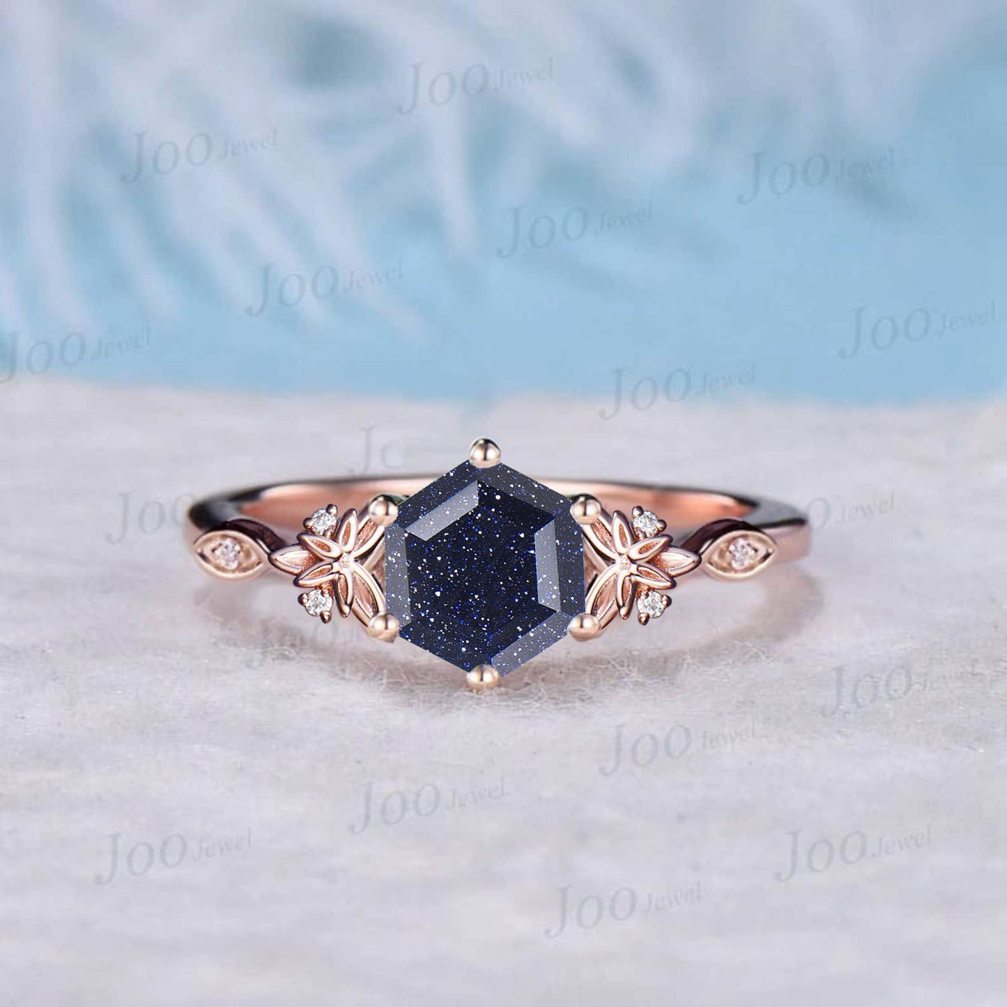 1.5ct Oval Galaxy Blue Sandstone Diamond Wedding Ring 14K Rose Gold Celtic Trinity Knot Irish Engagement Ring Unique Promise Ring for Women