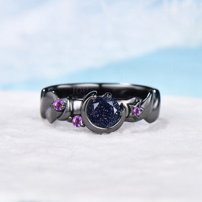 5mm Round Galaxy Blue Goldstone Ring Black Gold Engagement Ring Starry Sky Moon Star Black Spinel Celestial Ring Unique Mens Promise Rings