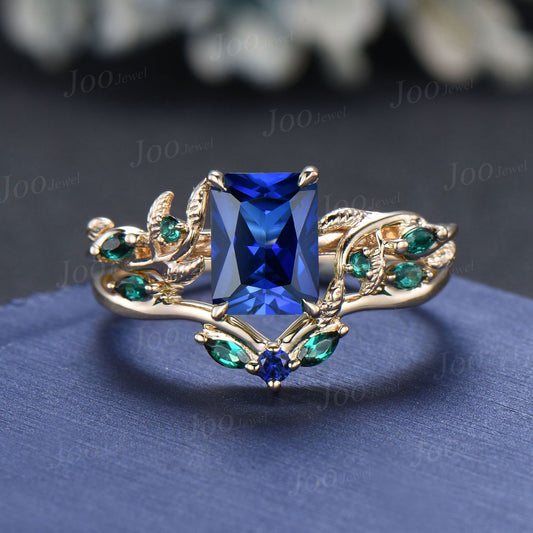 2ct Radiant Cut Blue Sapphire Bridal Ring Twig Vine Emerald Cut Blue Sapphire Emerald Promise Ring Vintage Noble Wedding Gifts for Fiancée