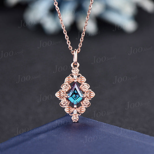 Nature Inspired Color-Change Alexandrite Floral Pendant Necklace Kite Cut Alexandrite Halo Wedding Necklace Vintage Filigree Leaf Necklaces