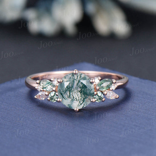 1ct Round Natural Green Moss Agate Ring Cluster Moissanite Agate Stone Butterfly Wedding Ring Nature Inspired Alternative Engagement Rings