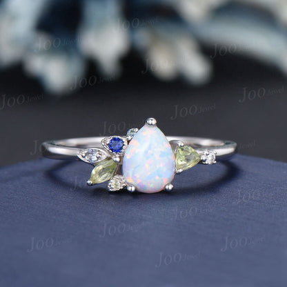 1.25ct Pear Opal Cluster Engagement Rings Personalized Multi-birthstone Topaz Peridot Blue Sapphire Alexandrite Ring White Opal Wedding Ring