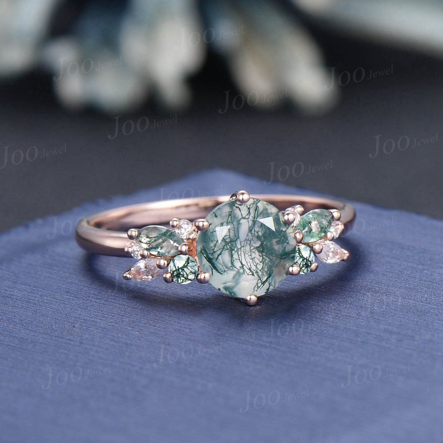 1ct Round Natural Green Moss Agate Ring Cluster Moissanite Agate Stone Butterfly Wedding Ring Nature Inspired Alternative Engagement Rings