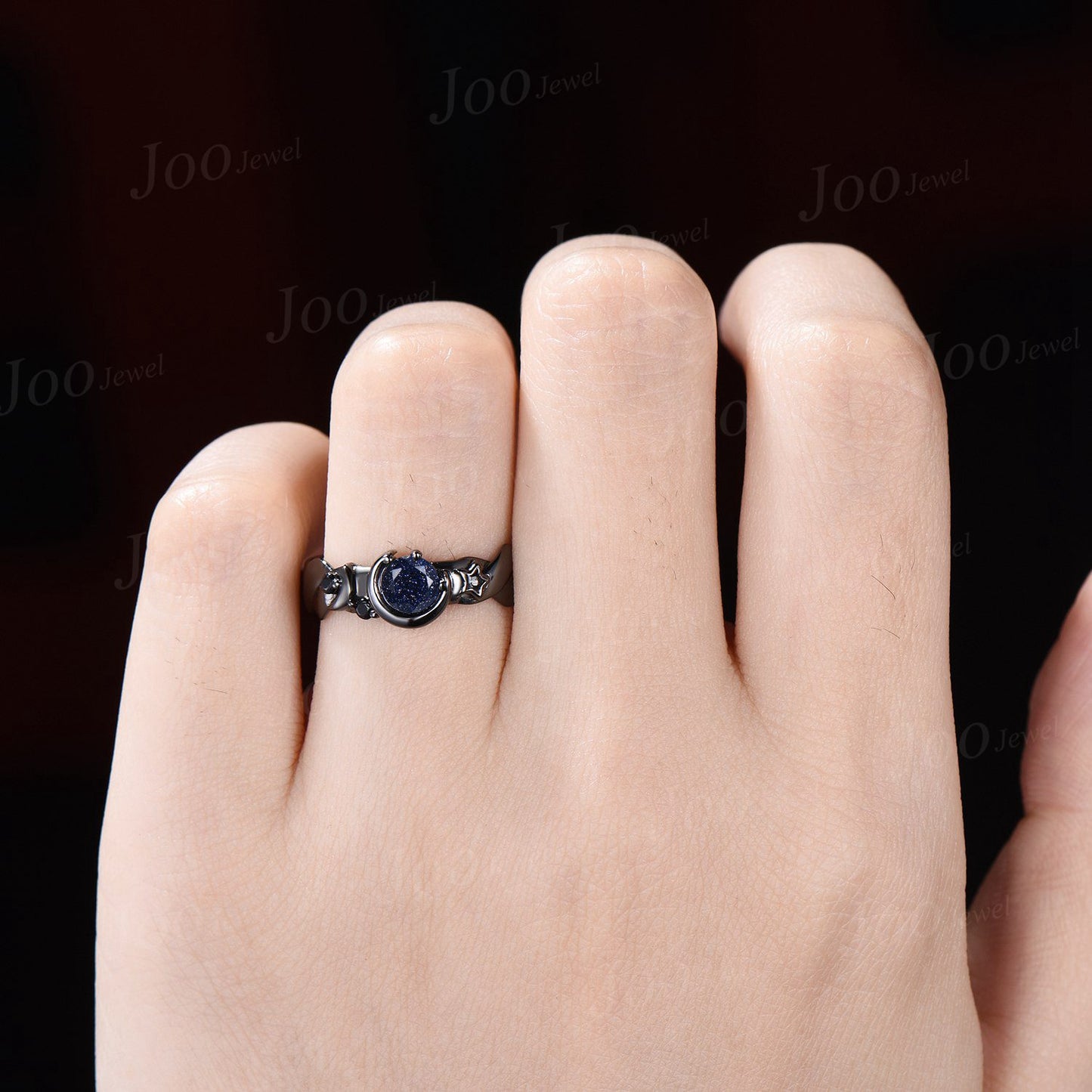 5mm Round Galaxy Blue Goldstone Ring Black Gold Engagement Ring Starry Sky Moon Star Black Spinel Celestial Ring Unique Mens Promise Rings