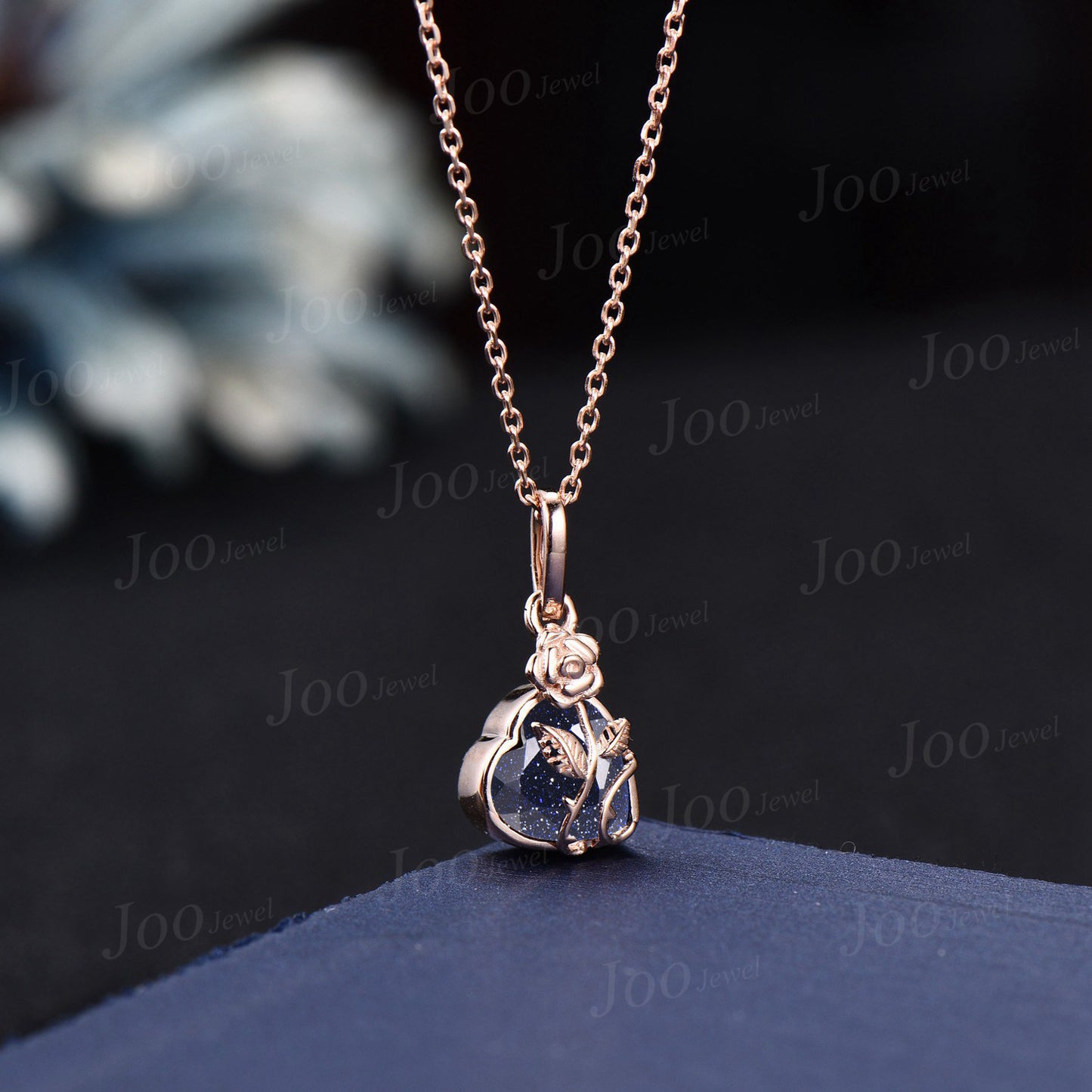 Rose Flower Galaxy Blue Sandstone Wedding Pendant Necklace Heart Shape Bridal Drop Necklaces 14K Rose Gold Nature Inspired Floral Jewelry
