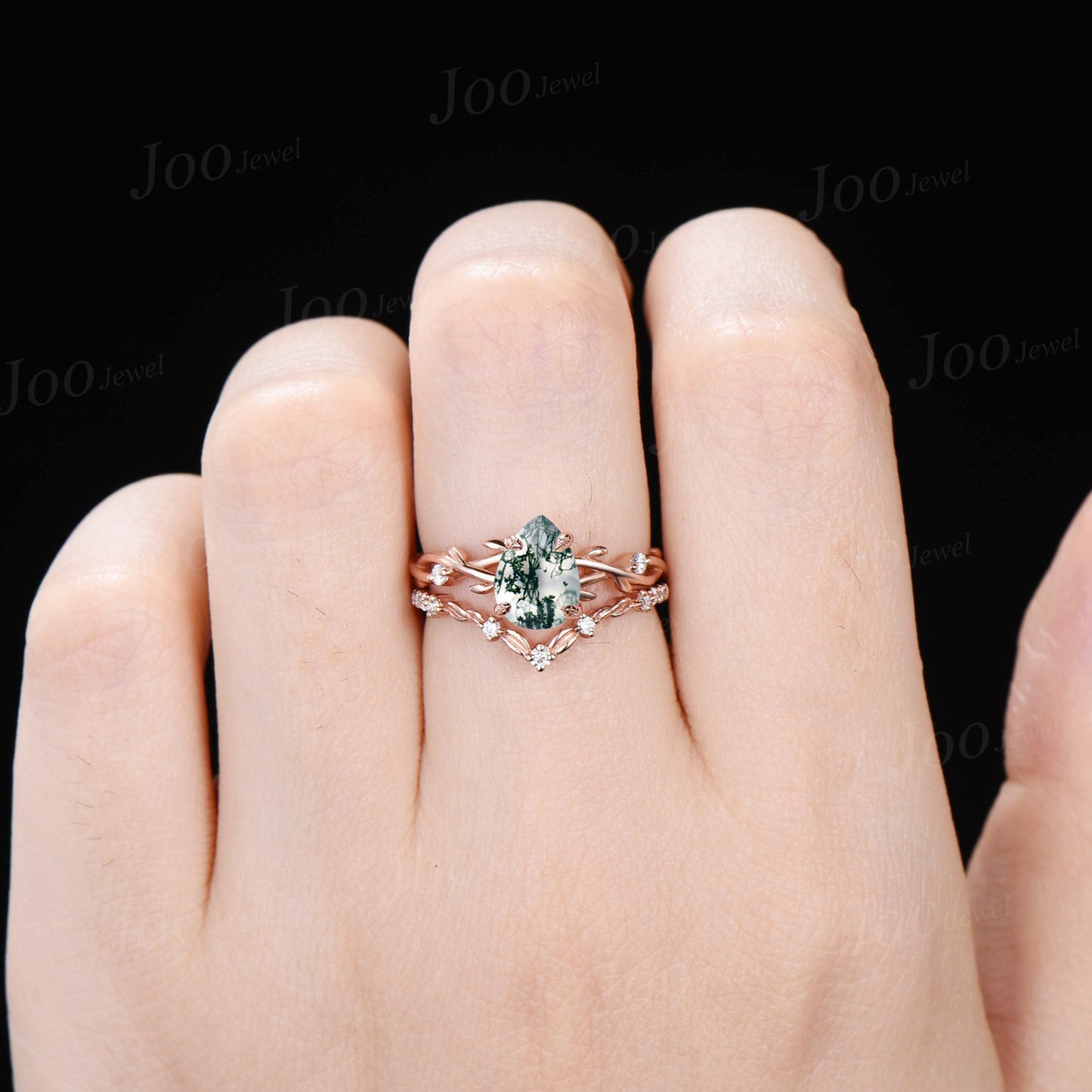 1.25ct Natural Moss Agate Moissanite Engagement Ring Set Vintage Rose Gold Nature Wedding Ring Twig Vine Pear Agate Stone Ring Unique Gifts