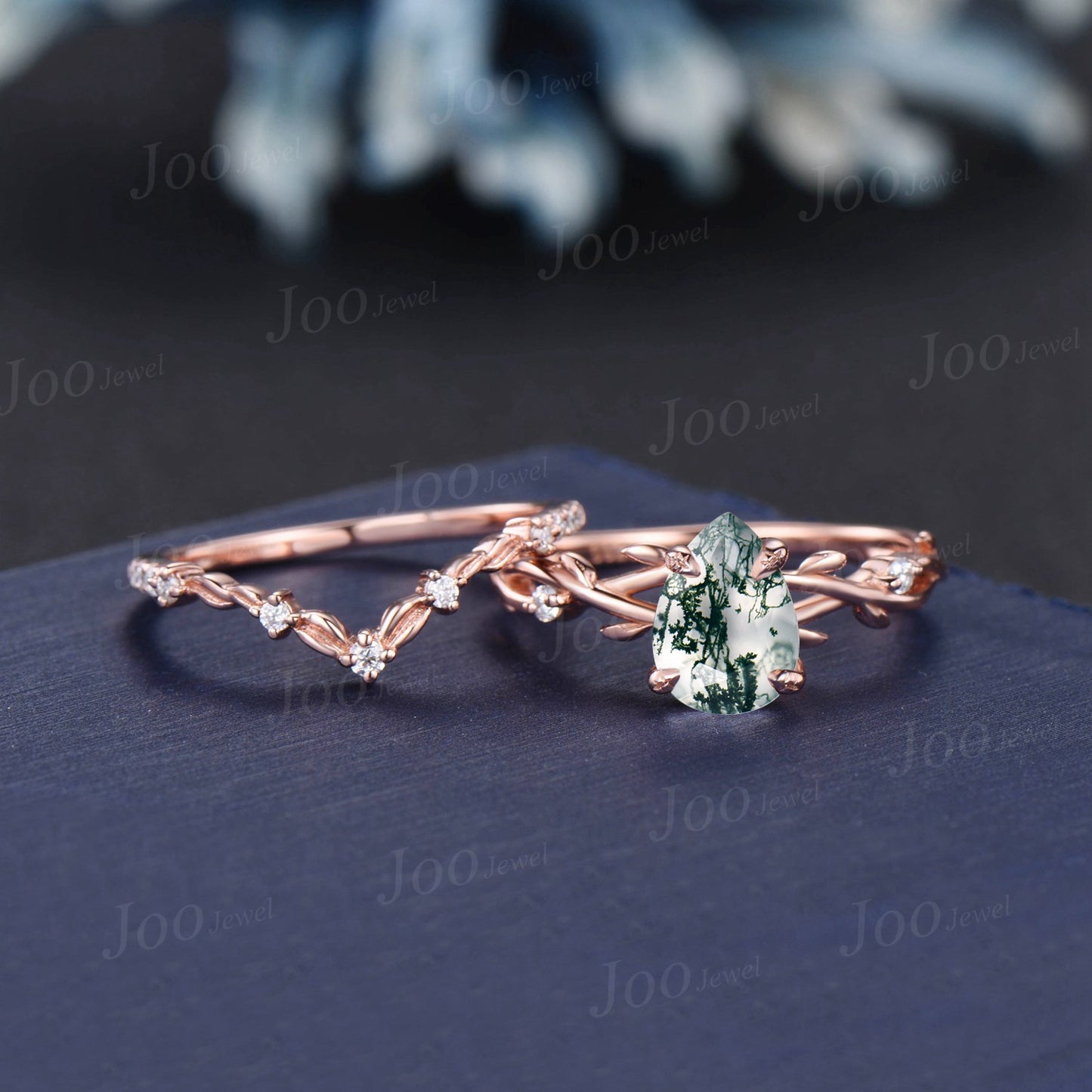 1.25ct Natural Moss Agate Moissanite Engagement Ring Set Vintage Rose Gold Nature Wedding Ring Twig Vine Pear Agate Stone Ring Unique Gifts