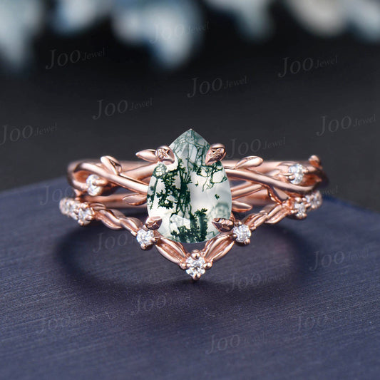 1.25ct Natural Moss Agate Moissanite Engagement Ring Set Vintage Rose Gold Nature Wedding Ring Twig Vine Pear Agate Stone Ring Unique Gifts