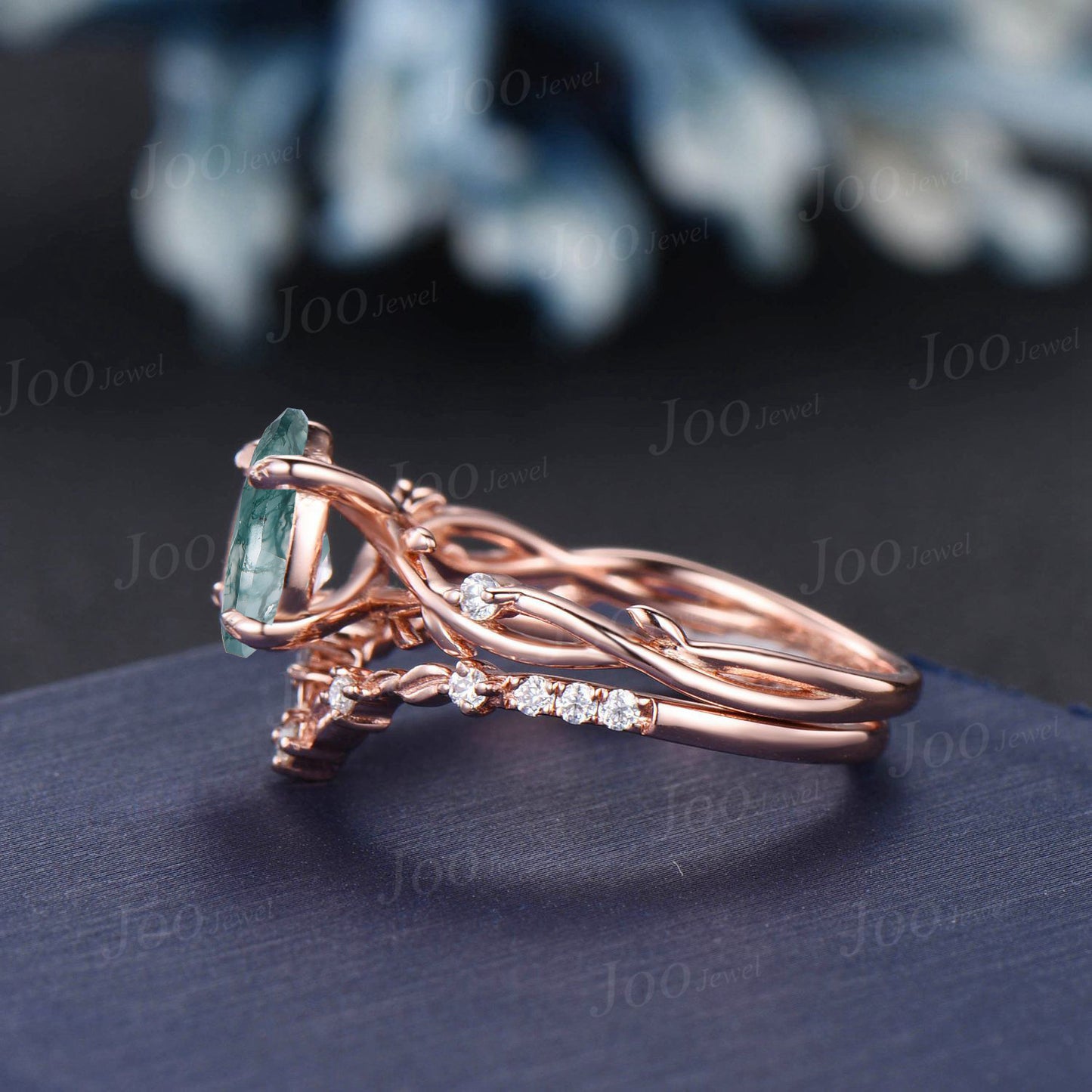 1.25ct Natural Moss Agate Moissanite Engagement Ring Set Vintage Rose Gold Nature Wedding Ring Twig Vine Pear Agate Stone Ring Unique Gifts