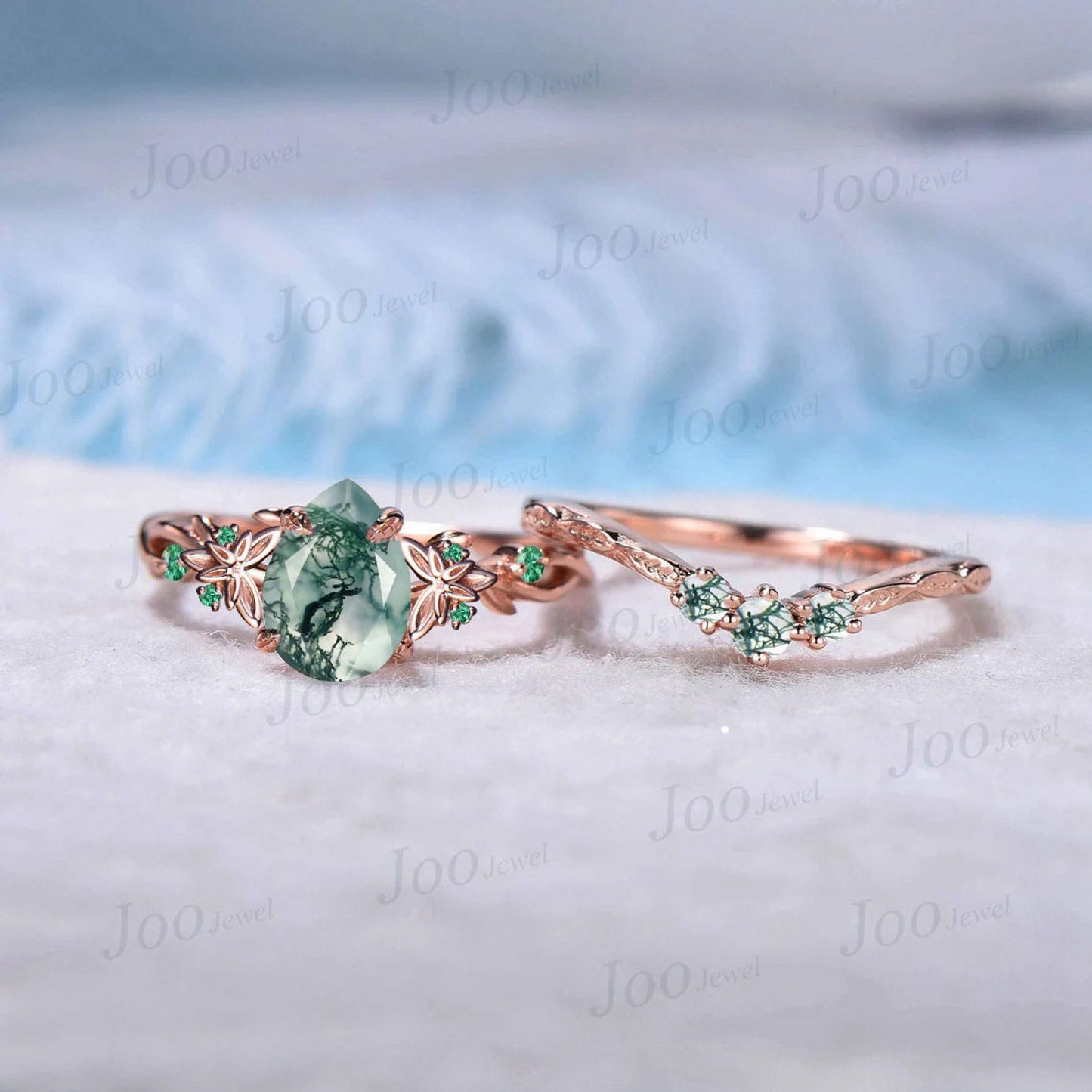 Celtic Knot Twig Vine Moss Agate Engagement Ring Set Green Gemstone Jewelry 1.5ct Oval Cut Green Emerald Moss Agate Branch Vine Bridal Set