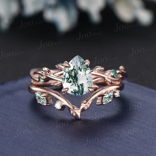 Twig Vine Green Moss Agate Emerald Ring Set 14K Rose Gold Pear Bridal Ring Set Branch Nature Inspired Natural Agate Stone Promise Ring Set