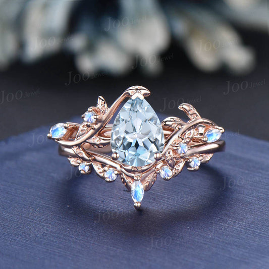 Natural Blue Sky Aquamarine Engagement Ring Set 14K Rose Gold Pear Aquamarine Moonstone Leaf Branch Wedding Ring Set for Women Jewelry Gifts