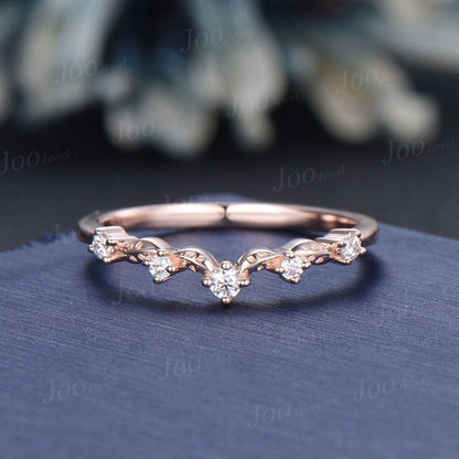 Nature Inspired Leaf Moissanite/Diamond Curved Wedding Band 14K Rose Gold Art Deco Vintage Twig Vine Matching Band Promise Rings for Women