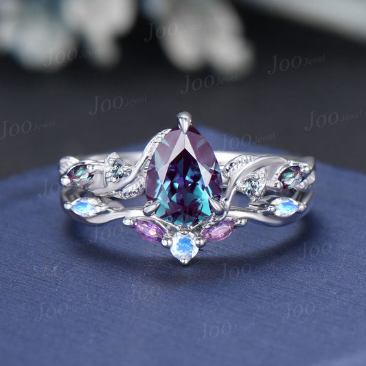 1.25ct Pear Color-Change Alexandrite Bridal Set Silver Engagement Ring Leaf Moonstone Amethyst Wedding Ring June Birthstone Gifts for Women