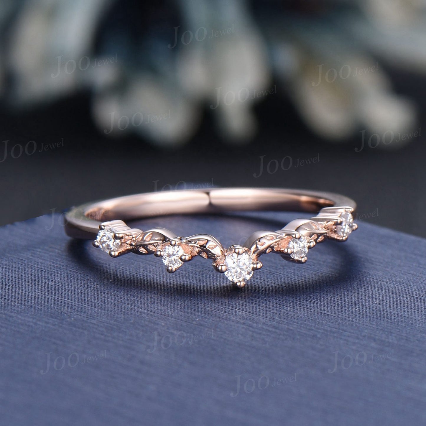 Nature Inspired Leaf Moissanite/Diamond Curved Wedding Band 14K Rose Gold Art Deco Vintage Twig Vine Matching Band Promise Rings for Women