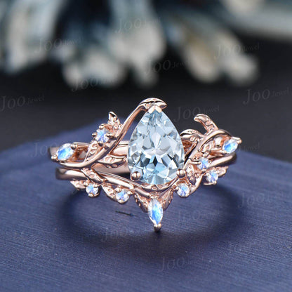 Natural Blue Sky Aquamarine Engagement Ring Set 14K Rose Gold Pear Aquamarine Moonstone Leaf Branch Wedding Ring Set for Women Jewelry Gifts