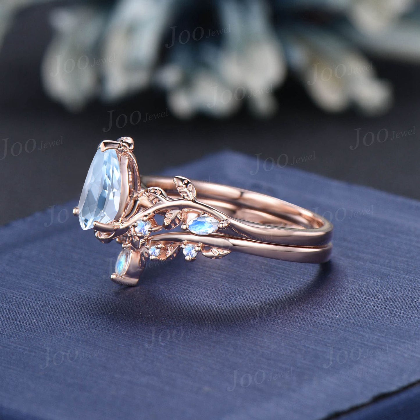 Natural Blue Sky Aquamarine Engagement Ring Set 14K Rose Gold Pear Aquamarine Moonstone Leaf Branch Wedding Ring Set for Women Jewelry Gifts