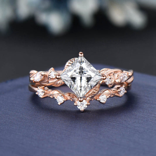 Twist Twig Vine Princess Moissanite Engagement Ring Set 14K Rose Gold Nature Inspired Moissanite Diamond Wedding Bridal Set Proposal Gift