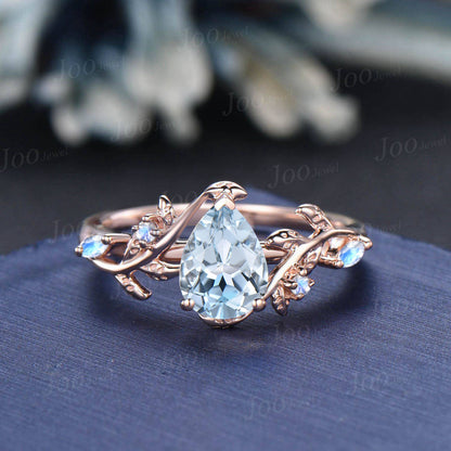 Natural Blue Sky Aquamarine Engagement Ring Set 14K Rose Gold Pear Aquamarine Moonstone Leaf Branch Wedding Ring Set for Women Jewelry Gifts