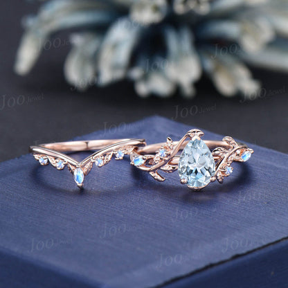 Natural Blue Sky Aquamarine Engagement Ring Set 14K Rose Gold Pear Aquamarine Moonstone Leaf Branch Wedding Ring Set for Women Jewelry Gifts