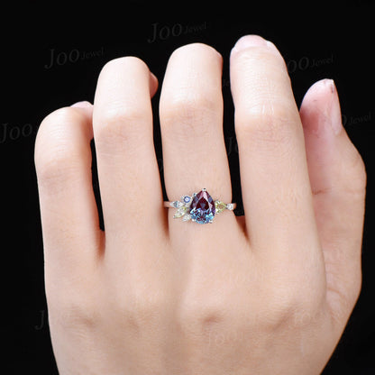 1.25ct Pear Alexandrite Cluster Engagement Rings Personalized Multi-stone Topaz Peridot Blue Sapphire Alexandrite Best Friend/Family Ring