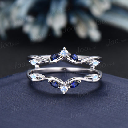 Double Curved Moonstone Blue Sapphire Contour Wedding Band 14K White Gold Enhancer Stacking Matching Nesting Band Jacket Anniversary Gifts